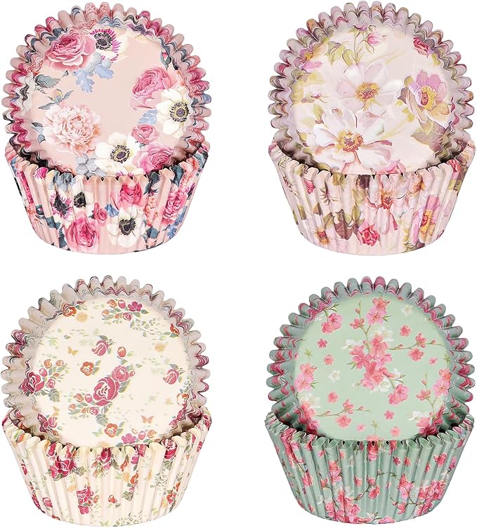 Standard Cupcake Liners 100 Pack, Colorful Paper Baking Cups Food Grade Disposable Cupcake Wrappers Floral Muffin Liners for Birthday Tea Themed Party Decor (Floral-4)
