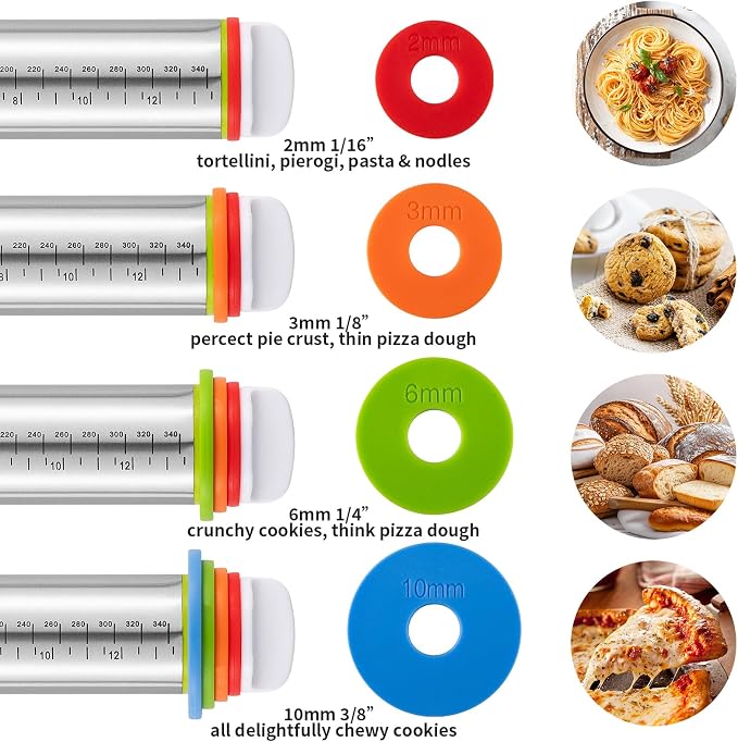 Adjustable Rolling Pin Set with Thickness Rings Cookie Cutters Dough Scraper Food Grade Stainless Steel Precise Dough Roller Handle Press Design for Baking Fondant Pizza Pie Pastry Pasta Cookies