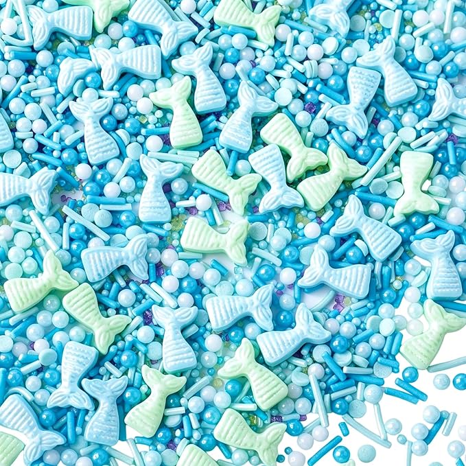 Mermaid Sprinkles for Cake Decorating – 4.6oz Edible Mermaid Tails, Jimmies, Ocean Pearls & Sugar Crystals for Cupcakes, Cookies, Donuts, Ice Cream & Birthday Cake Toppers