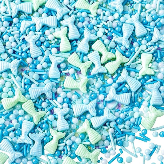 Mermaid Sprinkles for Cake Decorating – 4.6oz Edible Mermaid Tails, Jimmies, Ocean Pearls & Sugar Crystals for Cupcakes, Cookies, Donuts, Ice Cream & Birthday Cake Toppers