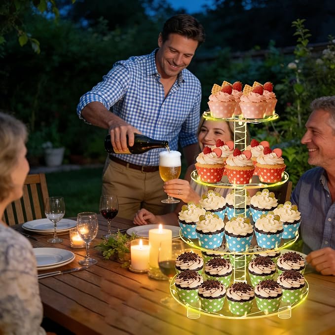 YestBuy 4 Tier Round Cupcake Stand, Cupcake Holder, 4 Tier Cupcake Tray, Acrylic Cake Tower Stand Display for Pastry + LED Light String, Ideal for Weddings, Birthday Parties (Yellow)