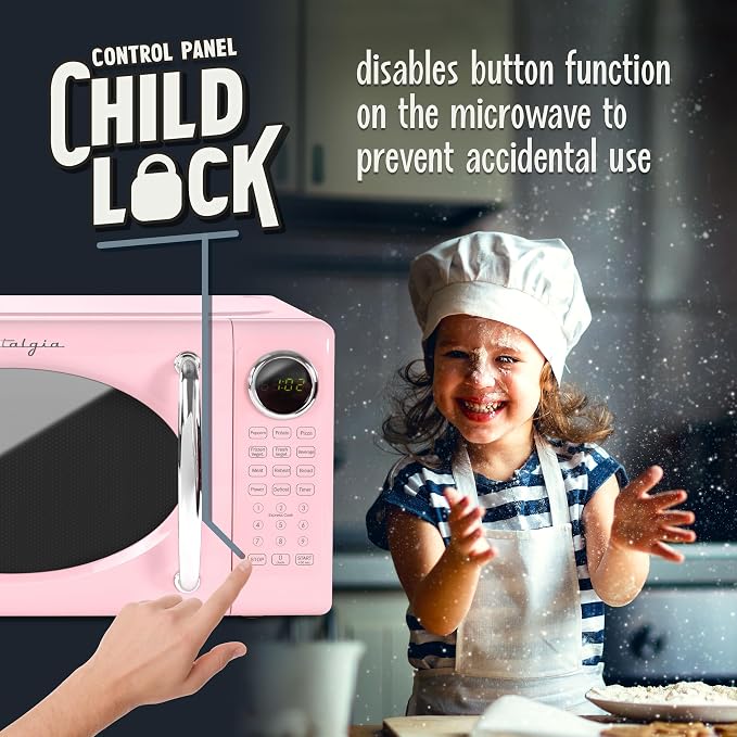 Nostalgia Retro Microwave Oven - 0.7 Cu Ft, 700-Watt Countertop Size with Glass Turntable, Child Safety Lock, 8 Auto-Cook Programs, Digital Clock - Pink