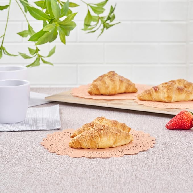 Pastry Tek 8 x 8 Inch Paper Lace Doilies, 100 Disposable Table Doilies - Elegant Lace Finish, Long Lasting, Coral Paper Doily, for Pastries, Cupcakes, Desserts - Restaurantware