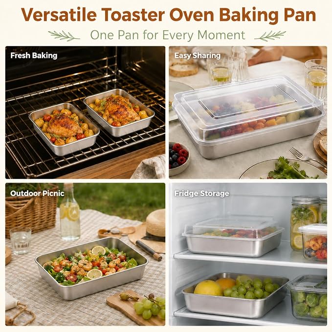 E-far Small Baking Pan with Lid, 9.4”x 7” x 2” Stainless Steel Rectangle Sheet Cake Pans for Toaster Oven, Metal Covered Bakeware for Cakes Brownies Casseroles, Non-toxic & Dishwasher Safe - Set of 2