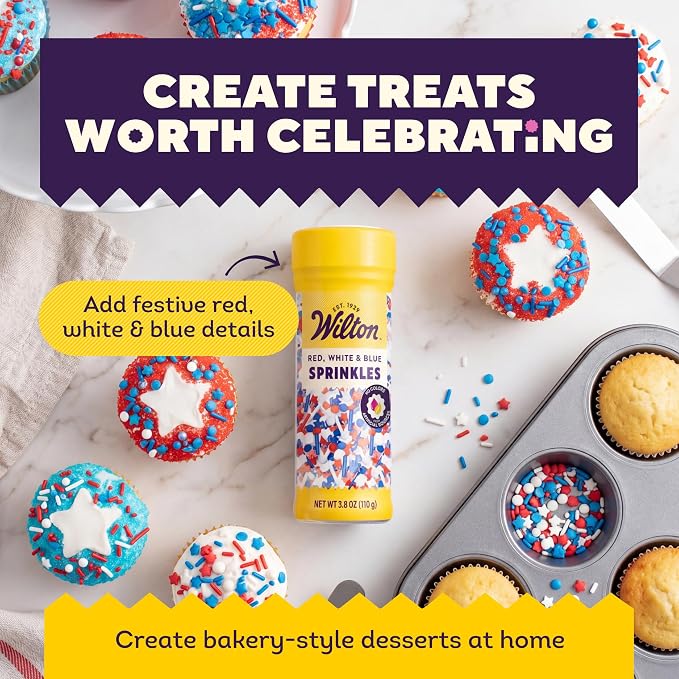 Wilton Patriotic Edible Sprinkle Mix - Includes Red, White & Blue Stars, Nonpareils & Jimmies - Great for Holiday Cupcakes, Brownies & Cookies - 3.8 oz (Pack of 2)