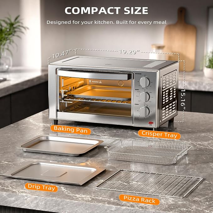 Crzoe Countertop Toaster Oven, Kitchen Convection Air Fryer Toasters Combo, Medium Capacity, 7-in-1 Functions, 60-Minute Timer, 0.78 Cubic Feet, Stainless Steel Finish