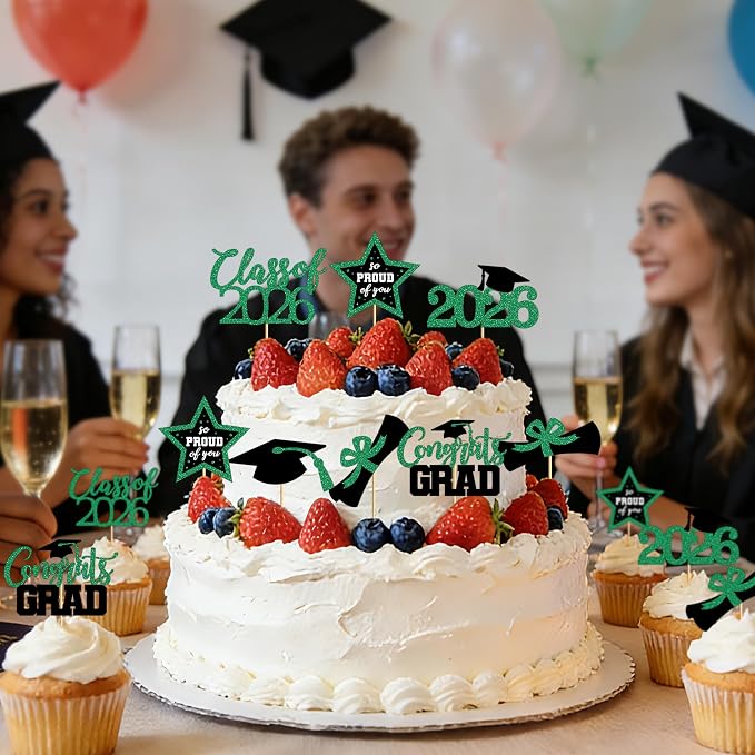 48 PCS Grad Cupcake Toppers, Glittery Congrats Graduation Cake Topper, 6 Styles Graduation Decorations, Black and Green Cap and Diploma Cake Picks for Class of 2026 Grad Party Decorations Supplies
