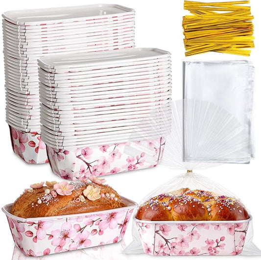 Hushee 50 Sets Pink Blossom Paper Loaf Pans with Bags, 6.3x2.2x2.2" Disposable Mini Bread Baking Molds, Floral Cake Liners for Baby Shower Wedding Birthday Spring Gifts