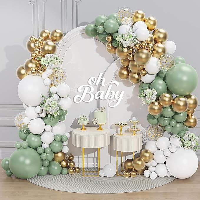 Sage Green White Gold Balloon Garland Arch Kit 156 Pcs Different Sizes 18 12 10 5 Inch Green Latex Metallic Confetti Balloons for Birthday Baby Shower Gender Reveal Wedding Safari Forest Decorations