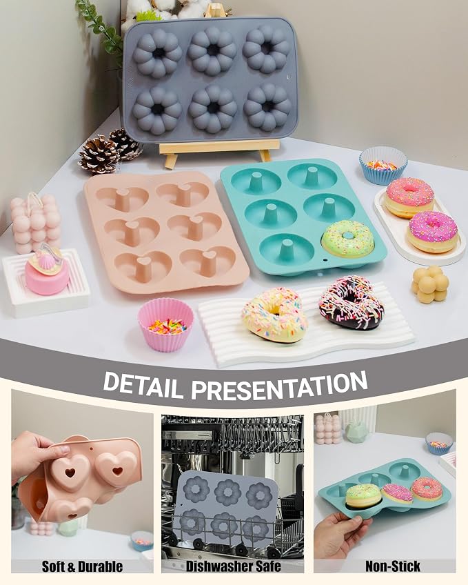 3 Pack Silicone Donut Pan for Baking, Non-Stick Doughnut Pan, 6 Cavity Fluted Tube Cake Silicone Mold for Baking (Blue+Gray+Pink)