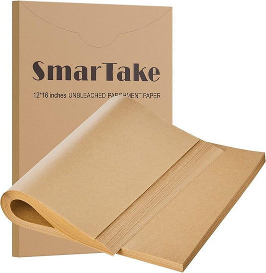 SMARTAKE 200 Pcs Parchment Paper Baking Sheets, 12x16 Inches Non-Stick Precut Baking Parchment, for Baking Grilling Steaming Bread Cup Cake Cookie and More (Unbleached)