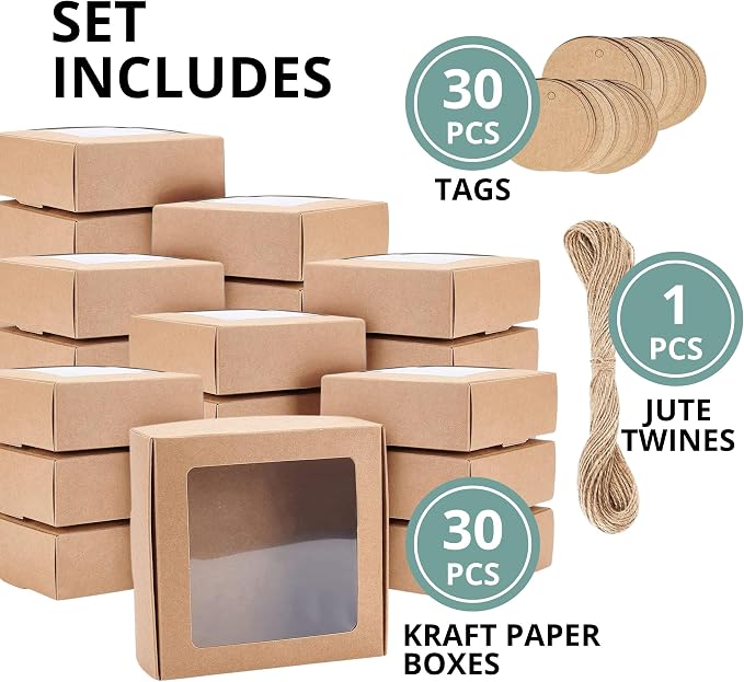30PCS Cookie Boxes Brown with Window - 4 x 4 x 1.2 Inch Sturdy Packaging for Baked Goods Small Bakery Containers for Pastries Gift Giving Bulk Food Storage Rustic Display for Treats and Desserts