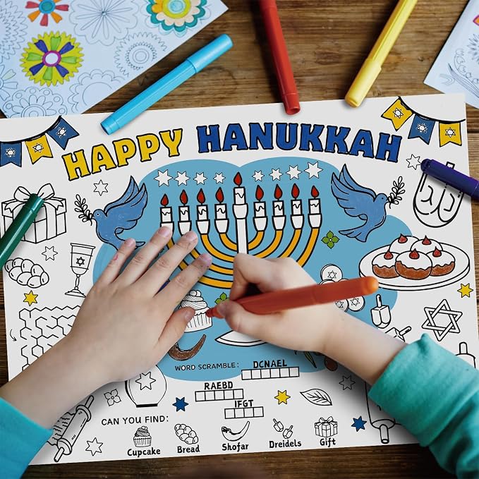 45pcs Hanukkah Disposable Coloring Placemats Hanukkah Crafts for Kids Coloring Poster Party Supplies School Classroom Activities Paper Table Mats