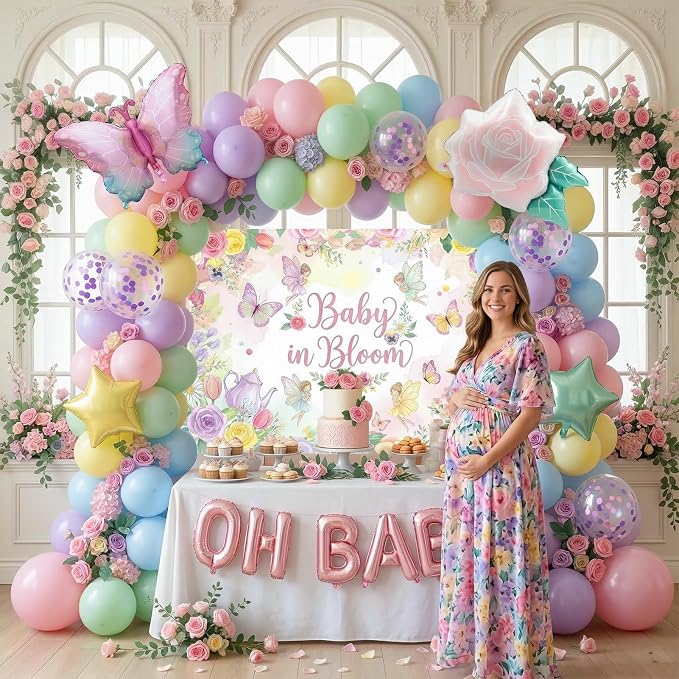 Pastel Mother's Day Balloon Garland Arch Kit with Macaron Balloon Arch kit & Flower Butterfly, Pink Rose Foil Balloons for Mother's Day Decor, Women's Birthday, Tea Party Supplies