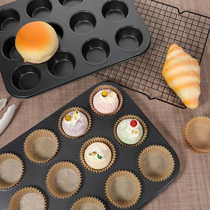 4 Pcs Muffin Pan for Baking, 12 Cup Nonstick Carbon Steel Cupcake Pan with 500 Natural Cupcake Liners, Carbon Steel Muffin Cupcakes Tary Baking Supplies, Standard CupcakePan