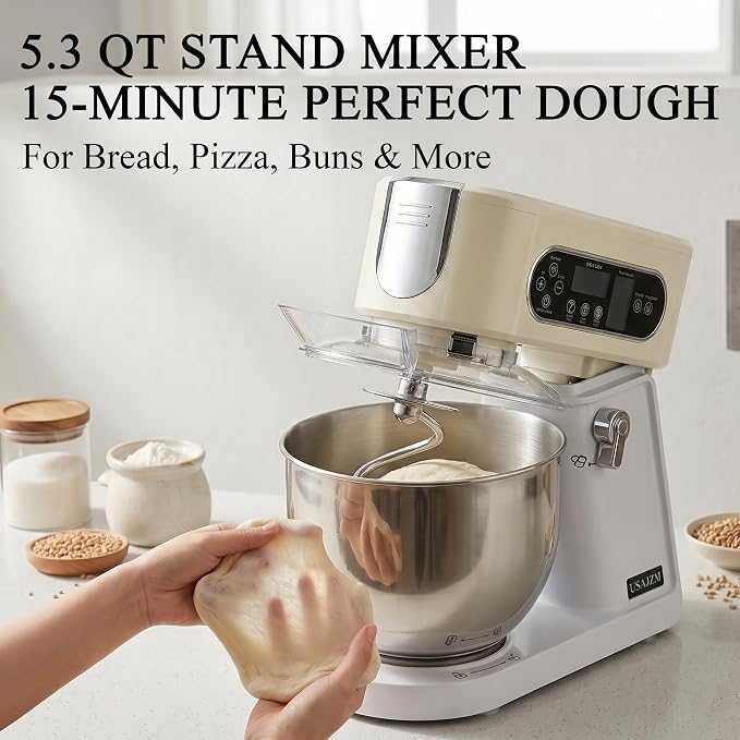 5.3 Qt Tilt-Head Stand Mixer, 9-Speed Electric Food Mixer | 9-Speed Control, Stainless Steel Bowl, Dough Hook Whisk Flat Beater, Splash Guard, Easy Clean, for Home Baking, Almond Cream