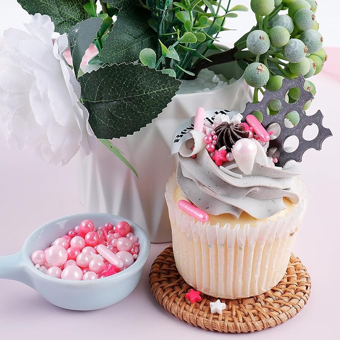 Pink Sprinkles, Edible Pearls Rod Star Sprinkles for Cakes Cupcakes | 4.6oz Dreamy Sprinkles for Ice Cream Baking Cookies