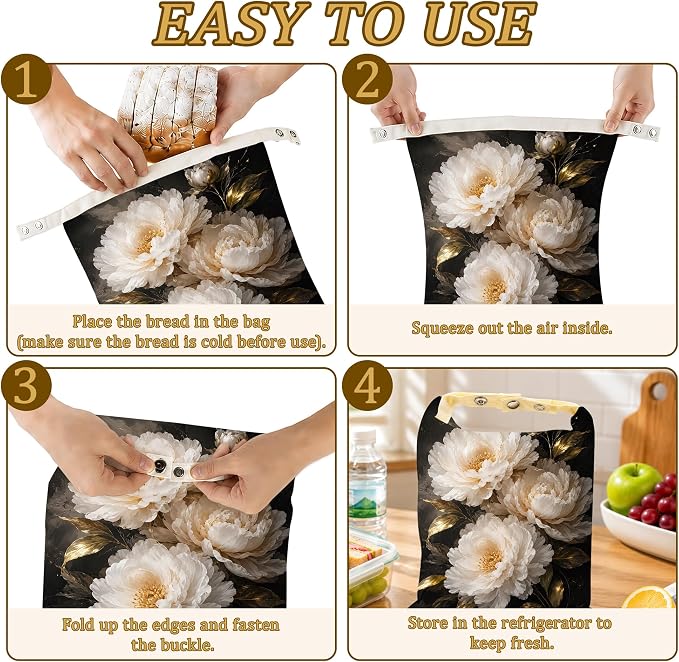 2 Pack Reusable Beeswax White Peony Bread Bags, Sourdough Bread Gold Leaf Storage for Homemade, Freezer Storage Bag to Keep Fresh, Baguette Bag with Beeswax Liner Kitchen Baking