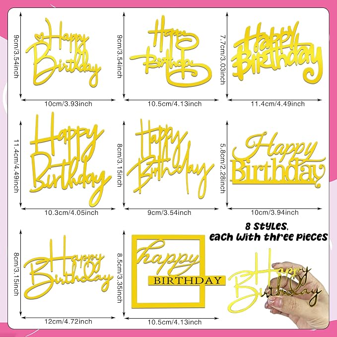 24 PCS Gold Happy Birthday Cake Toppers Mirror Acrylic Side Cake Decorations 8 Styles
