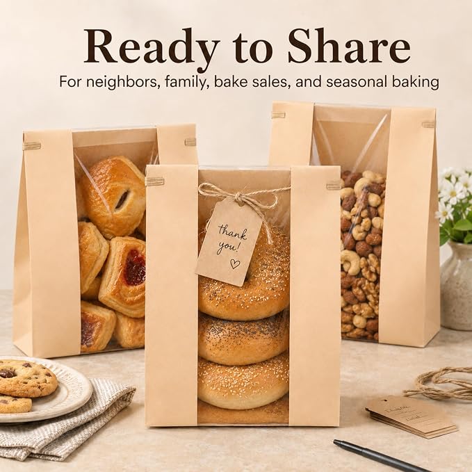 NPLUX 50 Pack Sourdough Bread Bags for Homemade Bread with Tin Tie Tab Lock Bakery Bags with Window kraft Bag for Toast Sandwich Cookie Snacks, Graduation Gift Bags(8.27x13.6x3.54In)