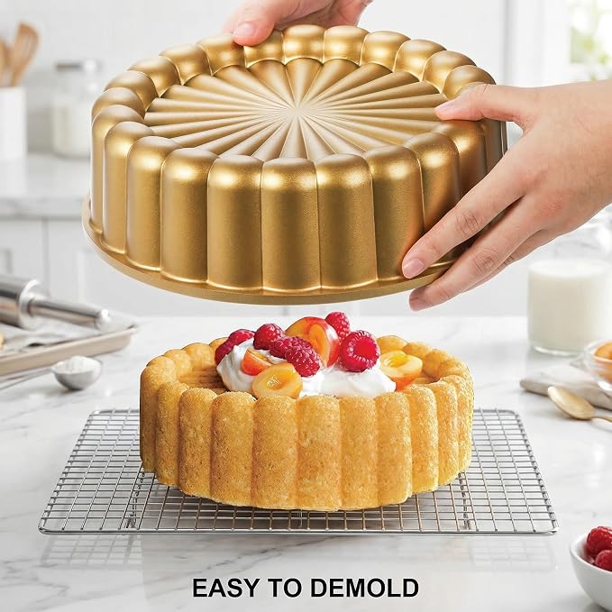 Goaste 9.5 Inch Charlotte Cake Pan, Reusable Fluted Mold, Nonstick Aluminium With Flower Shape for Cheese, Chocolate, Strawberry Shortcake, Brownie Tart Pie