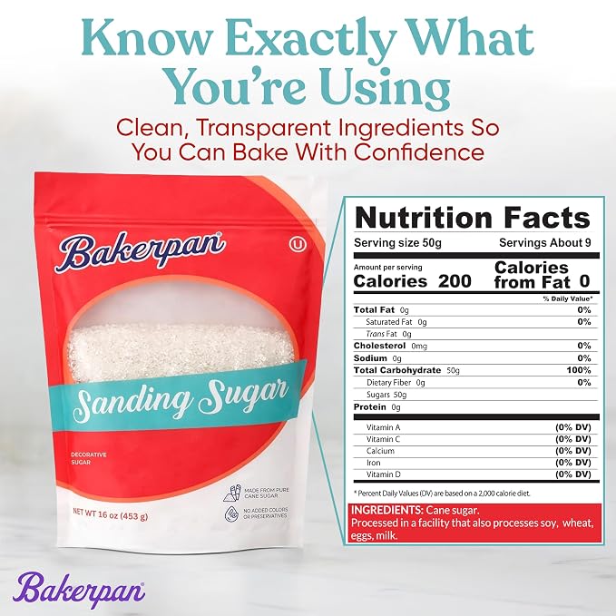 Bakerpan Sanding Sugar for Baking & Cookie Decorating - 16 Ounces Sparkling Sugar Sprinkles for Cookies, Cakes, Cocktails (Made In USA)