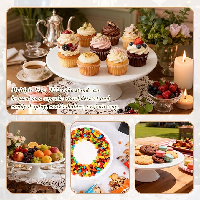 10 Inch White Porcelain Wedding Cake Stand with Knife and Server | Round Cake Plate Display Holder for Birthday, Baby Shower, Party Dessert Cupcake, Home Decorating Stand