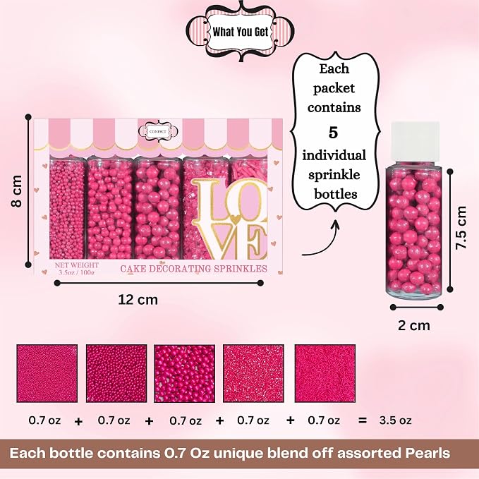 Confect Crimson Pearl Sprinkles | Assorted 5-Pack Pink Edible Sprinkles Mix with Dragees, Jimmies & Sparkling Sugar for Cake & Cupcake Decoration, Perfect for Birthdays & Parties | Vegan, Gluten-Free, Nut-Free, Soy-Free, Dairy-Free , Handcrafted Sprink...