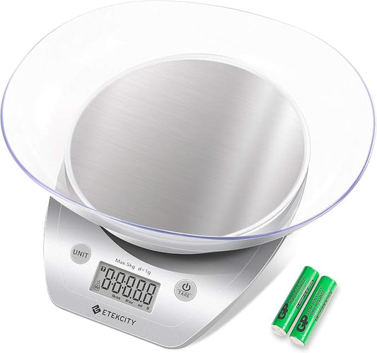 Etekcity Food Kitchen Scale Bowl, Digital Ounces and Grams for Cooking, Baking, Meal Prep, Dieting, and Weight Loss, 11lb/5kg, Silver
