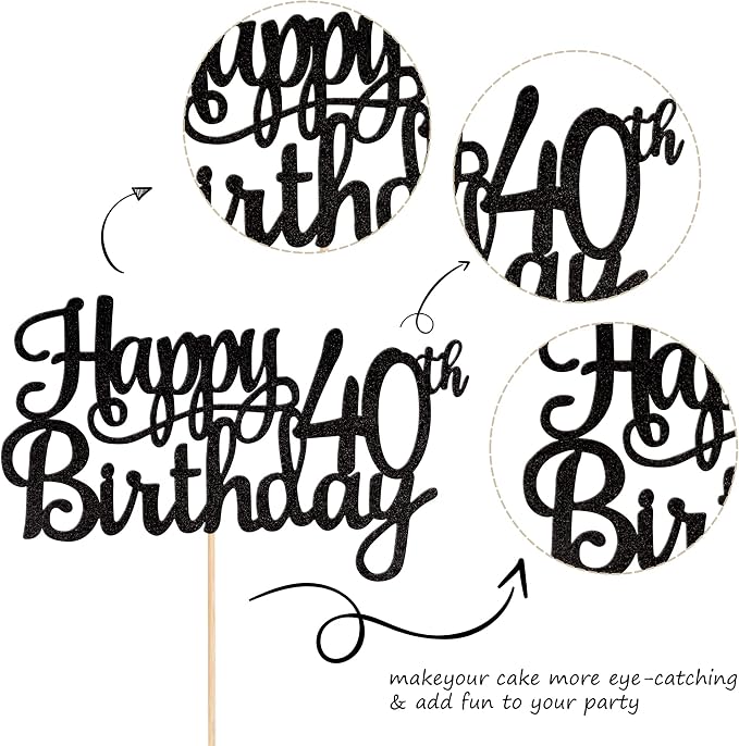 1 PCS Happy 40th Birthday Cake Topper Glitter Cheers to 40 Years Birthday Cake Pick 40 Fabulous Cake Decoration for Happy 40th Birthday Anniversary Party Decorations Supplies Black