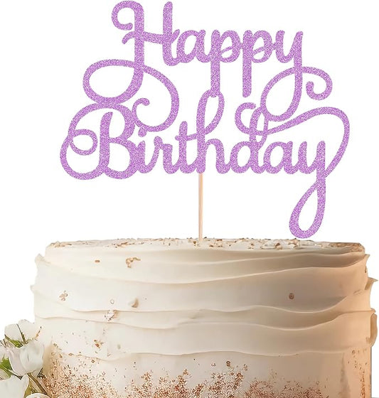 Happy Birthday Cake Topper - Purple Glitter Birthday Party Cake Decoration Supplies, Photo Booth Props