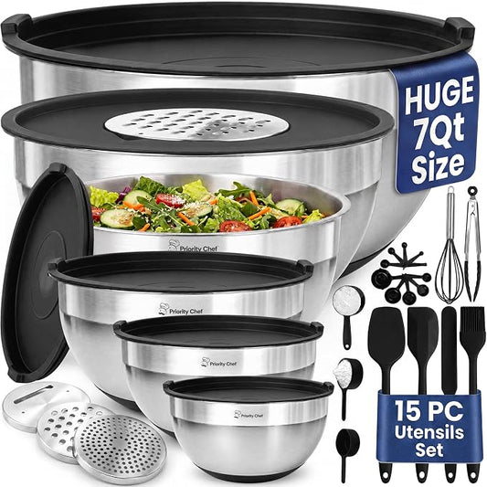 Priority Chef 6Pc Stainless Steel Mixing Bowls with Lids Set, Huge 7 Qrt Size Metal Bowl Set for Kitchen, 3 Graters, Non-Slip Bases & Silicone Utensils Set, Black