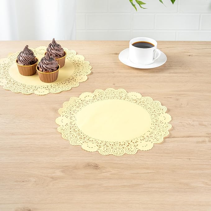 Restaurantware-Pastry Tek 12 x 12 Inch Paper Lace Doilies, 4000 Disposable Table Doilies - Elegant Lace Finish, Long Lasting, Yellow Paper Placemat, for Pastries, Cupcakes, Desserts