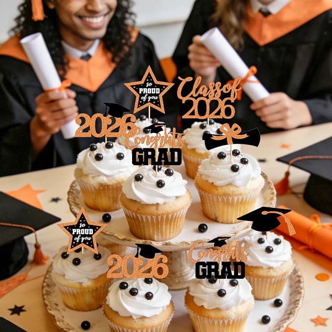 48 PCS Graduation Cupcake Toppers 2026, 6 Styles Grad Cake Topper, Black and Orange Graduation Decorations, Glittery Cap and Diploma Cake Picks for Congrats Grad Decor Party Supplies