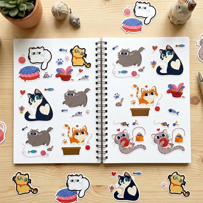 Cute Cat Stickers Roll - 300 Pcs Cartoon Cat Stickers, Fun Animals Sticker for Scrapbook Journal Water Bottle Laptop, Waterproof Decals for Women