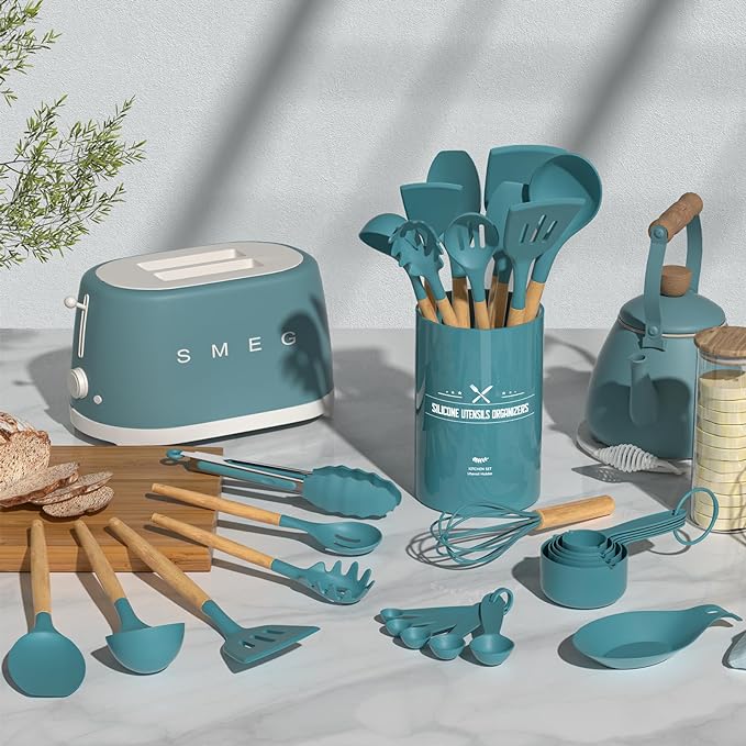 Umite Chef Kitchen Cooking Utensils Set, 33 pcs Non-stick Silicone Utensils Spatula Set with Holder, Silicone Kitchen Gadgets Utensil Set(Dark Blue)