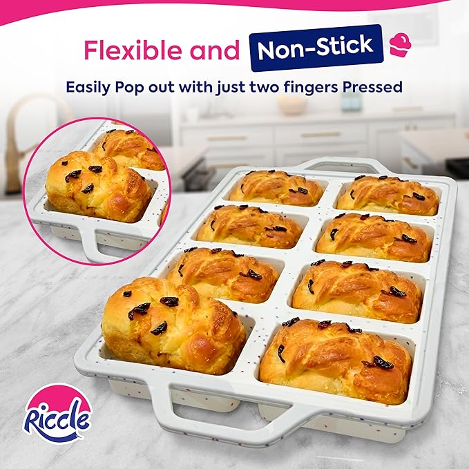 RICCLE Silicone Mini Loaf Pans – 2 Pack, 8 Cavity Silicone Molds for Baking, Non-Stick Silicone Baking Pan & Bread Pan with Metal Reinforced Frame | Mini Banana Bread Pan, Small Loaf Pans for Baking