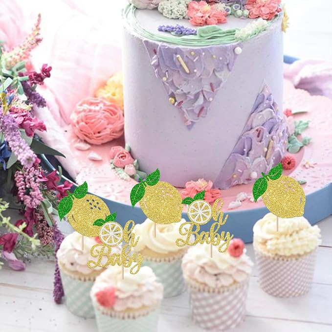 Rsstarxi 24 Pack Lemon Oh Baby Cupcake Toppers Gold Glitter Fruit Theme Oh Baby Lemonade Cupcake Picks for Lemon Theme Baby Shower Kids Birthday Party Cake Decorations Supplies