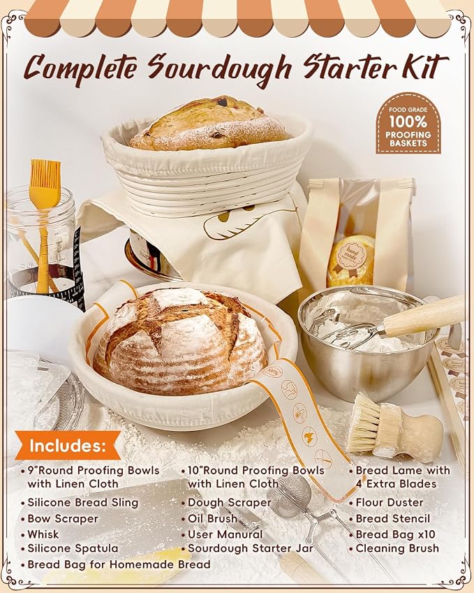 Complete Sourdough Starter Kit | Easy to Clean & Use for Beginners & Bakers | Natural Rattan Proofing Basket with Full Accessories | Sourdough Bread Baking Supplies for Bakers Women Wife
