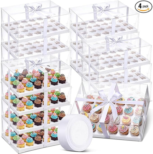 4 Pcs Clear Cupcake Boxes 24 Count Plastic Cupcake Containers with Gift Ribbon Rectangle Bakery Cake Boxes Carrier Holder for Treat Dessert Muffins Birthday Wedding Mother's Day