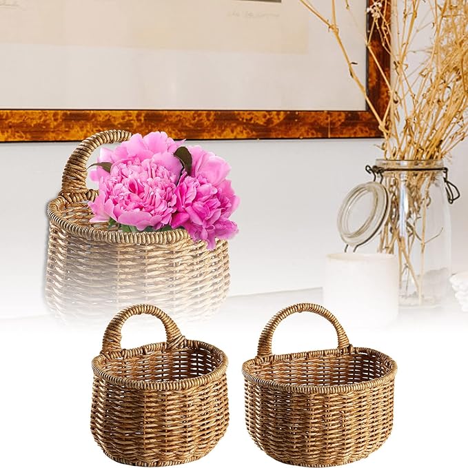 2 Wall Hanging Baskets Storage Basket Organizer For Flowers,Plants,Woven Baskets For Kitchen Bedroom Living Room Home Décor,Portable Wall Hanging Flower Basket Organizer Fruit Vegetable Rattan Box