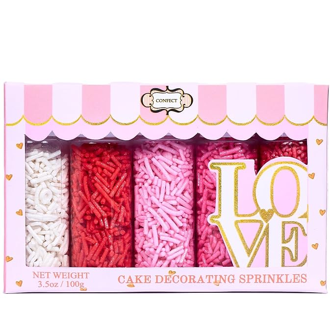 Confect Pink, Red, Blush Pink & White Jimmies Sprinkles Mix – Edible Baking Decorations for Cakes, Cupcakes, Cookies – Celebration & Birthday Sprinkles Set – Pack of 5 | Vegan, Gluten-Free, Nut-Free, Soy-Free, Dairy-Free , Handcrafted Sprinkle- 5 Oz