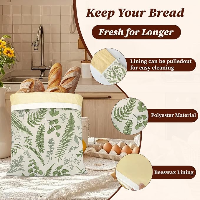 Beeswax Bread Bags, 2 Pack for Homemade Bread and Sourdough Storage | Herbs Eucalyptus Leaves Botanical, Reusable Polyester Bread Storage With Beeswax Coating And Snap Closures