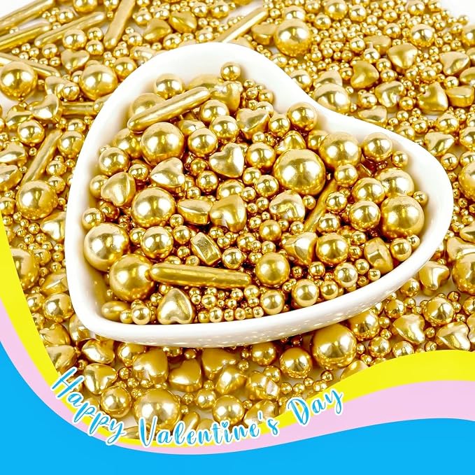 Gold Pearl Heart Sprinkles for Cake Decorating, 150g/5.29oz Mix Size Sugar, Heart Cake Decoration, Golden Sprinkles, Love Sprinkles, Cupcakes, Baking, Wedding Party Supplies