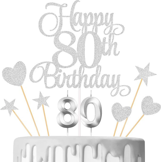 80th Birthday Cake Decorations, 80th Birthday Candles Cake Numeral Candles and Glitter Happy 80th Birthday Cake Toppers Set for Birthday Party Supplies (Silver)