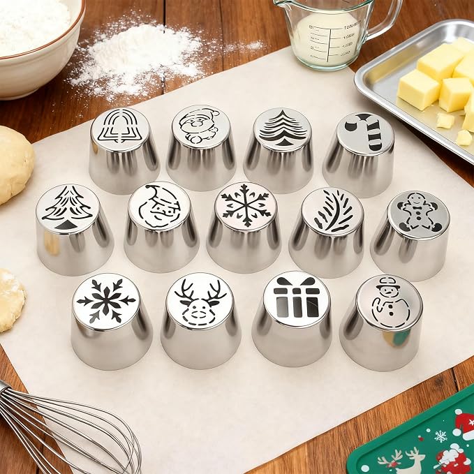 13 Pcs Extra Large Christmas Theme Icing Tips Set with10 Disposable Pastry Bags,1 Small Russian Flower Tip,1 Cleaning Brush for Cake Decoration,Cream Baking Tools