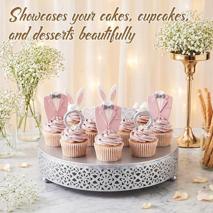 Wenqik Cake Stand 12 Inch Round Metal Cupcake Dessert Wedding Cake Stand Cookies Display Holder Fruit Serving Tray for Table Wedding Birthday Anniversary Party, Silver