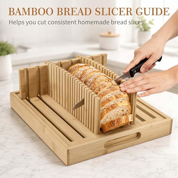 Bread Slicing Guide, Bamboo Bread Slicing Guides with Adjustable Width, Crumb Catcher & Serve Tray for Homemade Bread Cut