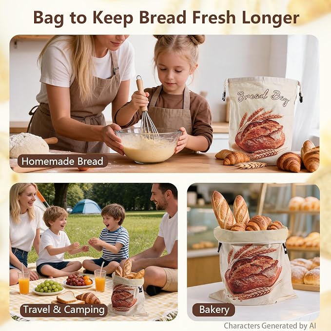 Beeswax Bread Bags for Sourdough, 2 Pack 17x13 Large Linen Bags with Zipper | Breathable Inner Lining, Moisture Lock, Moisture-proof & Fresh, Freezer Safe, Reusable & Washable, Zero Waste Kitchen