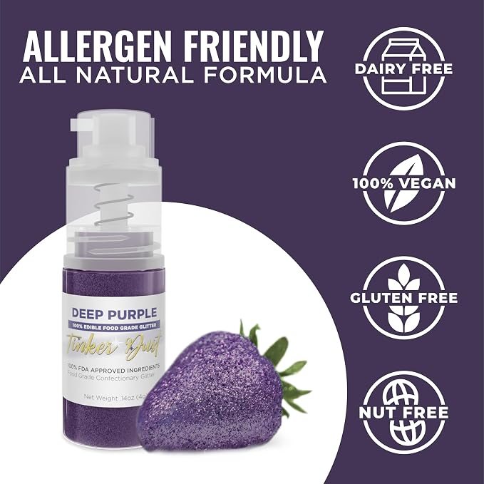 Bakell - Deep Purple Tinker Dust (4g, 1x Mini Spray Pump) Edible Glitter for Food, Desserts, and Baked goods!